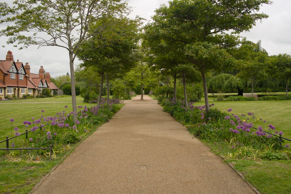 A lush garden scene featuring a large, mature tree with textured, gnarled bark and dense green foliage providing shade over a winding dirt pathway. To the right of the path, a shrub with vibrant pink 